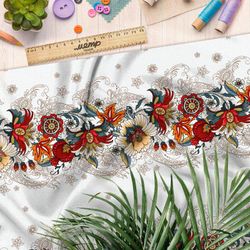 Ткань атлас цветная роспись на белом фоне