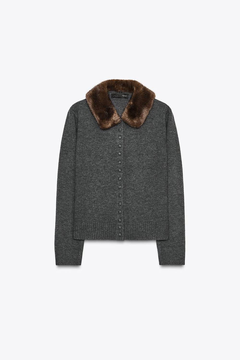 ZARA ТРИКОТАЖНАЯ КУРТКА С ВОРОТНИКОМ ИЗ ИСКУССТВЕННОГО МЕХА, АНТРАЦИТОВО-СЕРЫЙ