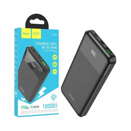 Портативное зарядное устройство (повербанк) Hoco J102 Cool Figure, 10000mAh, 1xUSB, 1xUSB-C, 3A, Li-Pol, LED-дисплей, черный