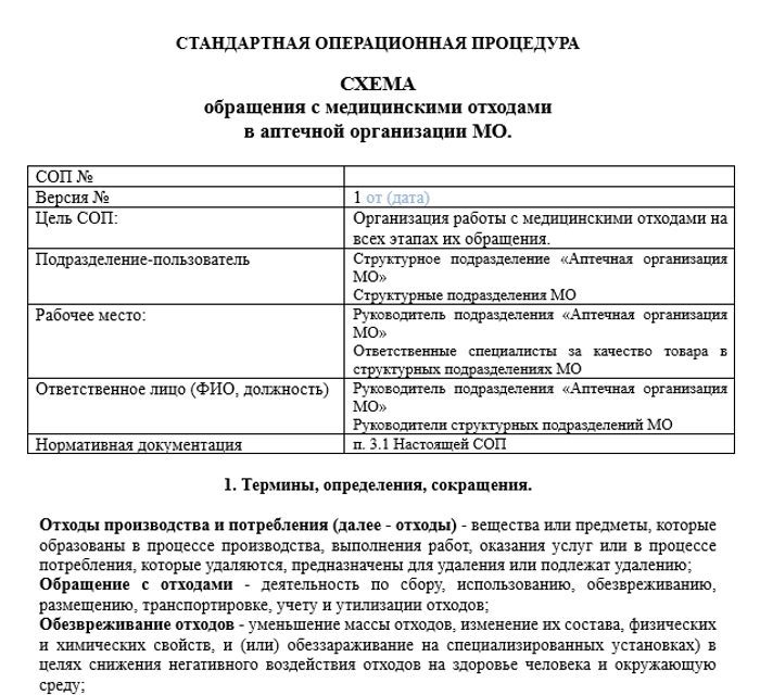 СОП «Схема Обращения С Медицинскими Отходами В Больничной Аптеке»