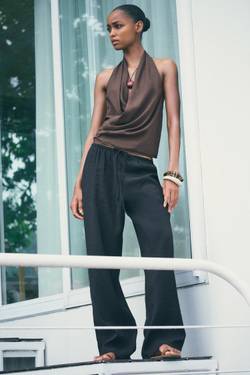 ZARA ТОП С ГОРЛОВИНОЙ ХАЛТЕР И ДРАПИРОВКОЙ, КОРИЧНЕВЫЙ