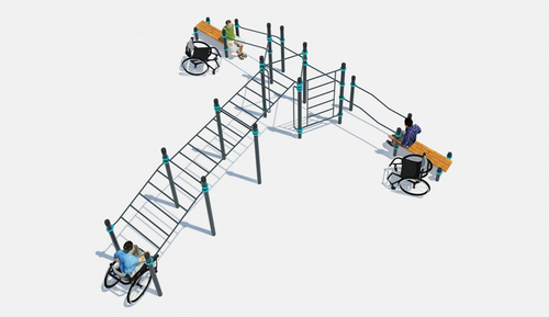 Рукоход в подъем, рукоход классический двухуровневый, вертикальные поручни для колясочников, 2 скамьи, брусья в подъем, брусья разноуровневые, шведская стенка