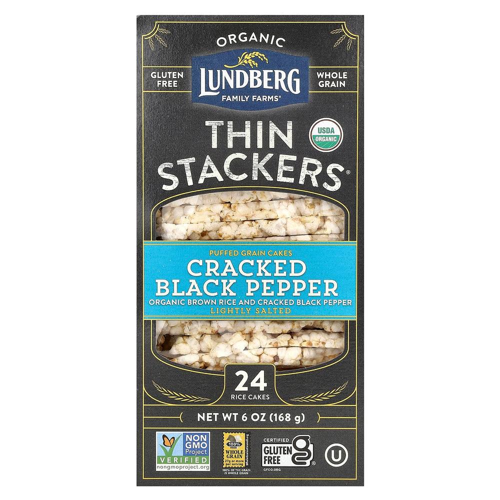 Lundberg, Organic Thin Stackers, воздушные пирожные, черный перец с мелкой солью, с легкой солью, 24 рисовых кекса, 168 г (6 унций)