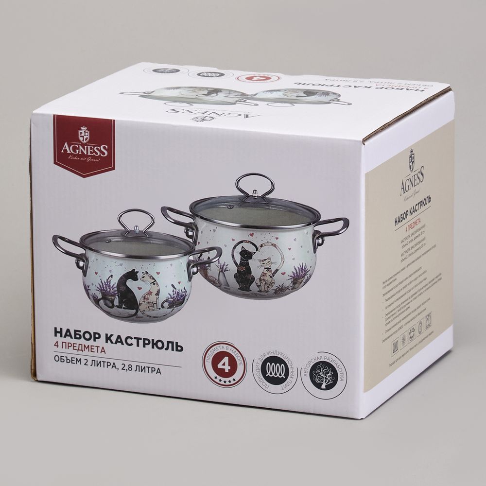 НАБОР КАСТРЮЛЬ ЭМАЛИРОВАННЫЙ, СЕРИЯ "LAVENDER CATS" 4ПР. 2,0/2,8Л ДИА.18/20СМ