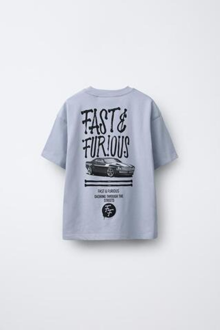 ZARA ФУТБОЛКА С ПРИНТОМ FAST & FURIOUS ©, СЕРО-СИНИЙ