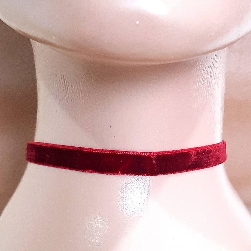 Чокер бархатный бордовый на шею (10 мм) без подвески. Фурнитура под серебро.