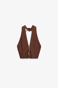 ZARA ТОП-ХАЛТЕР ИЗ ЛЬНА С РАКУШКАМИ, ТЕРРАКОТОВЫЙ