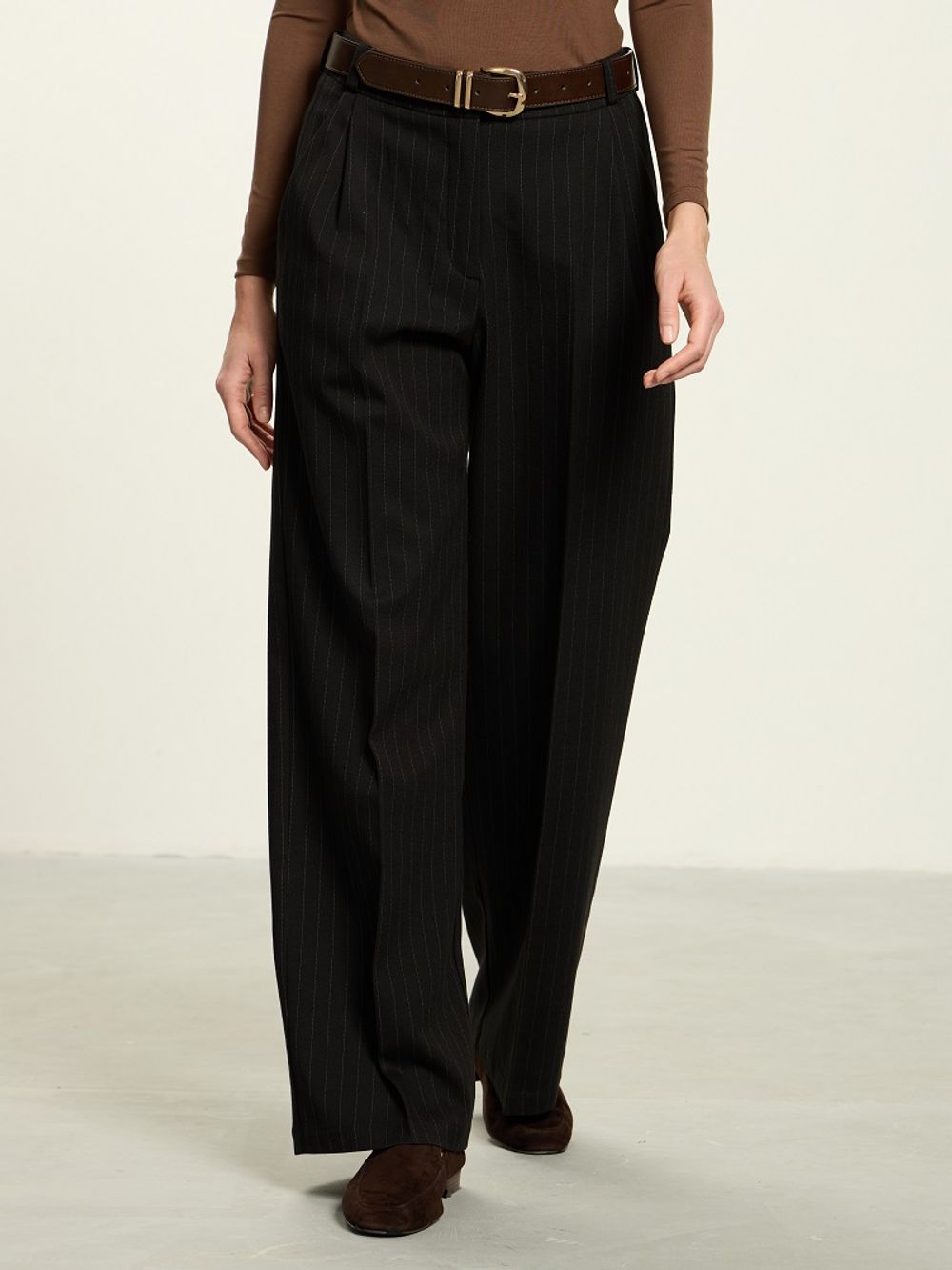 Брюки Палаццо на молнии в полоску черные смесовая шерсть