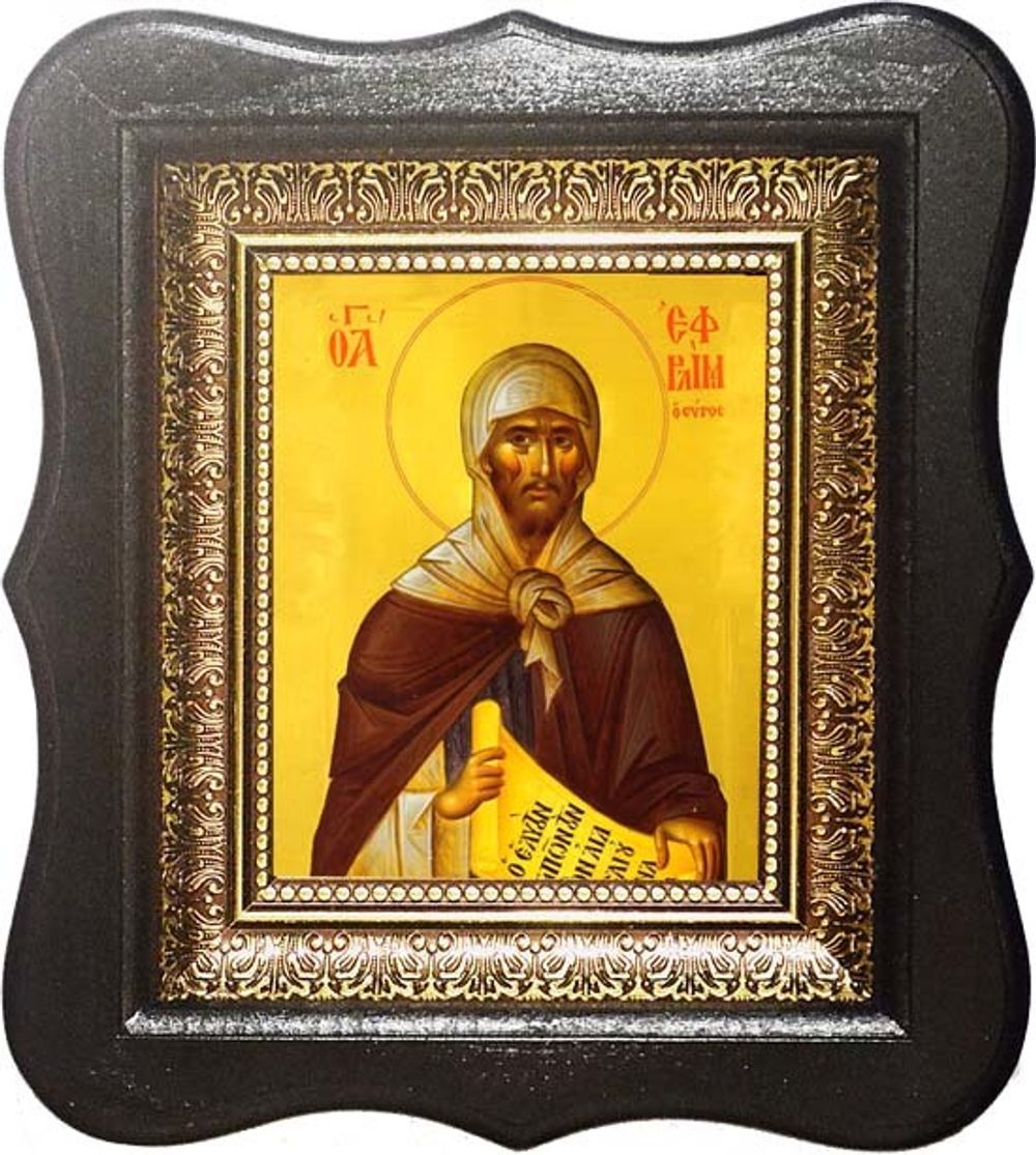 Ефрем Сирин преподобный. Икона на холсте 15х18 см в киоте 24х27х4 см.