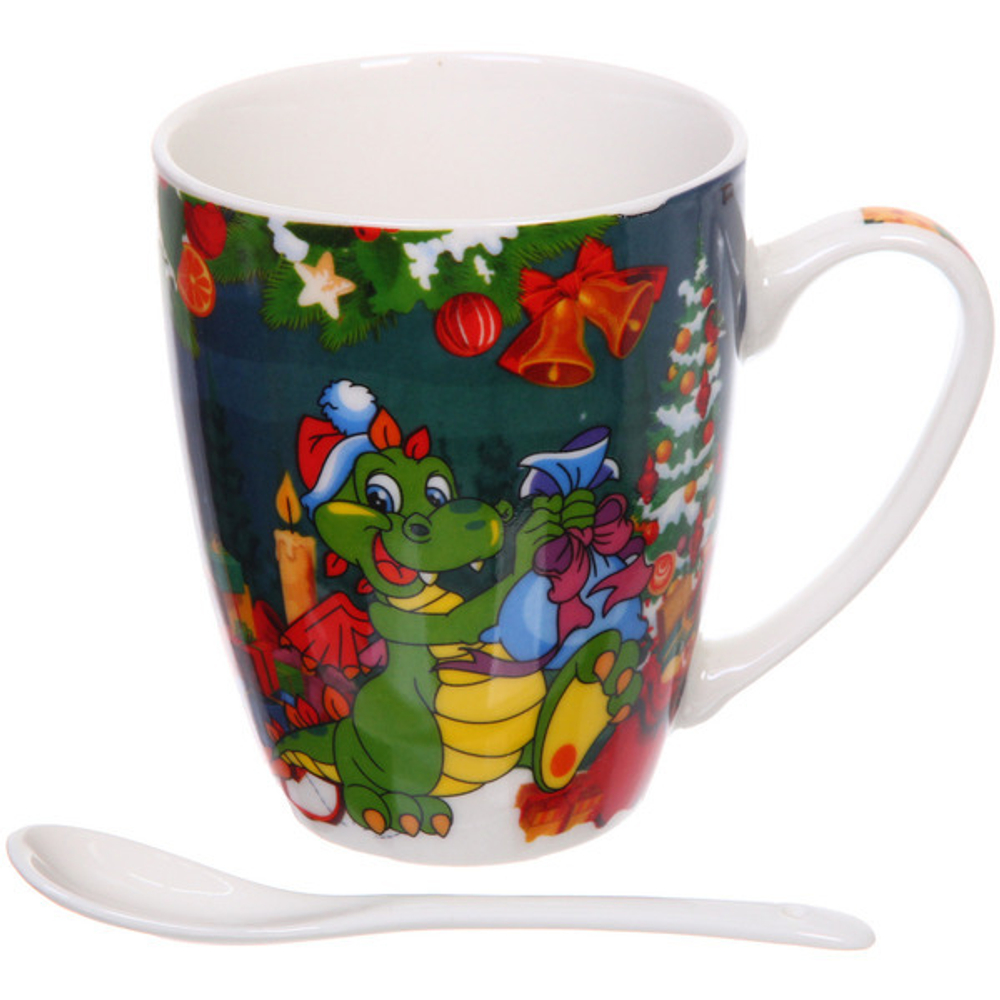 Кружка керамическая 370мл «Веселый Дракоша» с ложкой в подарочной коробке