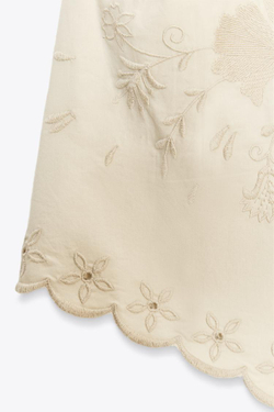 ZARA ТОП ИЗ ПОПЛИНА С ВЫШИВКОЙ, СЕРО-КОРИЧНЕВЫЙ