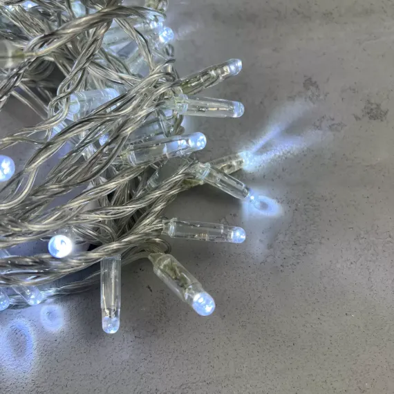 Светодиодная гирлянда с колпачком 100 холодных белых LED ламп 10 м., мерцание, 24В., прозрачный провод ПВХ, IP65, LTC (PST100BLWCAP-10-1W)