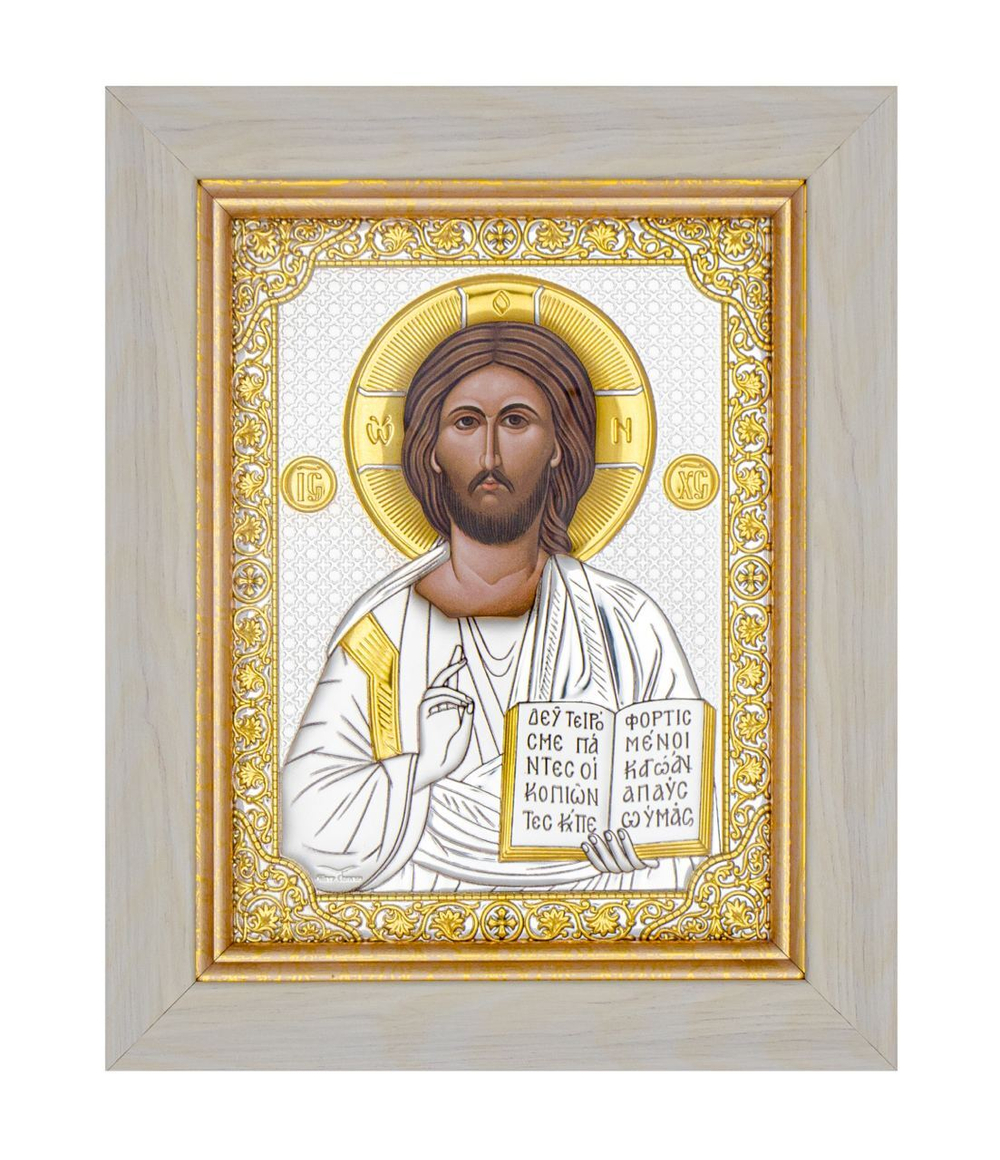 Спаситель, икона прямоугольная в рамке под стеклом, белое дерево 232х280