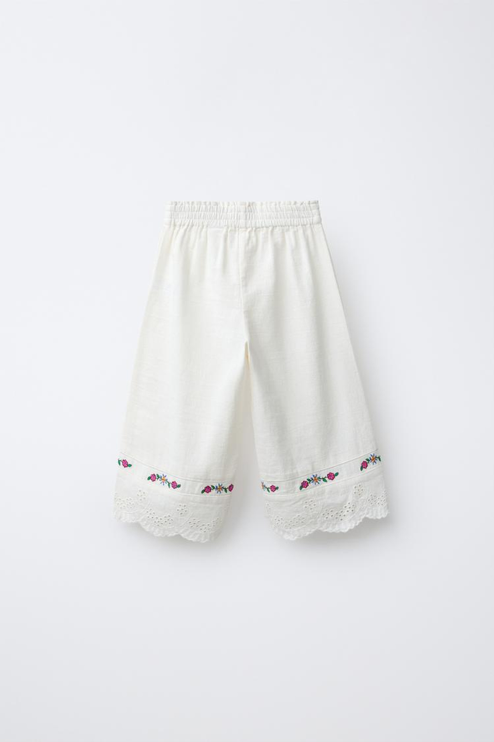 ZARA БРЮКИ-КЮЛОТЫ ИЗ ХЛОПКА И ЛЬНА С ВЫШИВКОЙ В ВИДЕ ЦВЕТОВ, ЭКРЮ