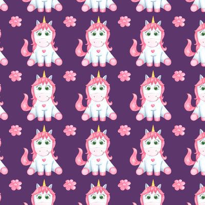 Seamless pattern for girls pony unicorn on a purple background.