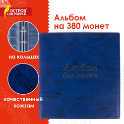 Альбом нумизмата для 380 монет (диаметр до 38 мм) и купюр, 253х238 мм, синий, ОСТРОВ СОКРОВИЩ, 237960