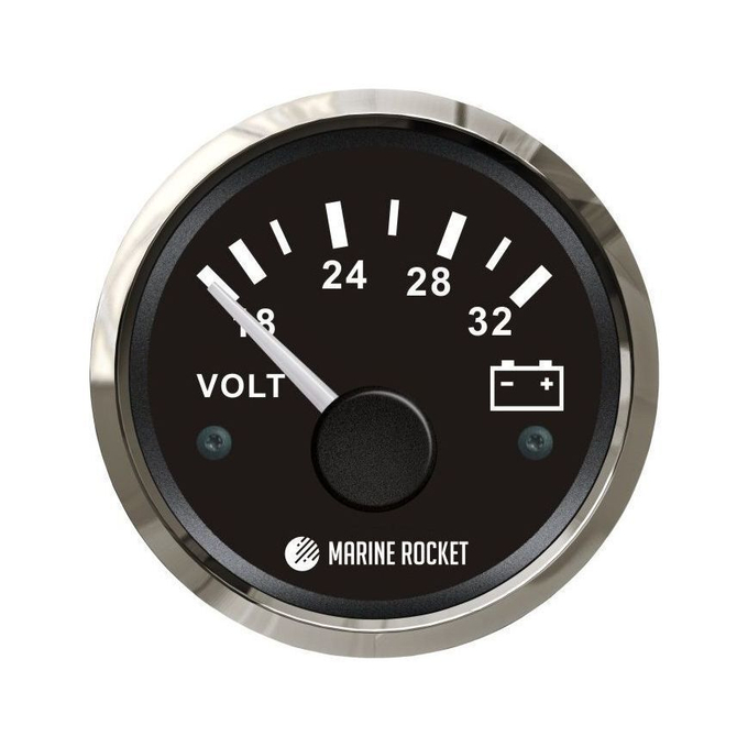 Вольтметр аналоговый 18-32 В, черный циферблат, нержавеющий ободок, д. 52 мм, Marine Rocket