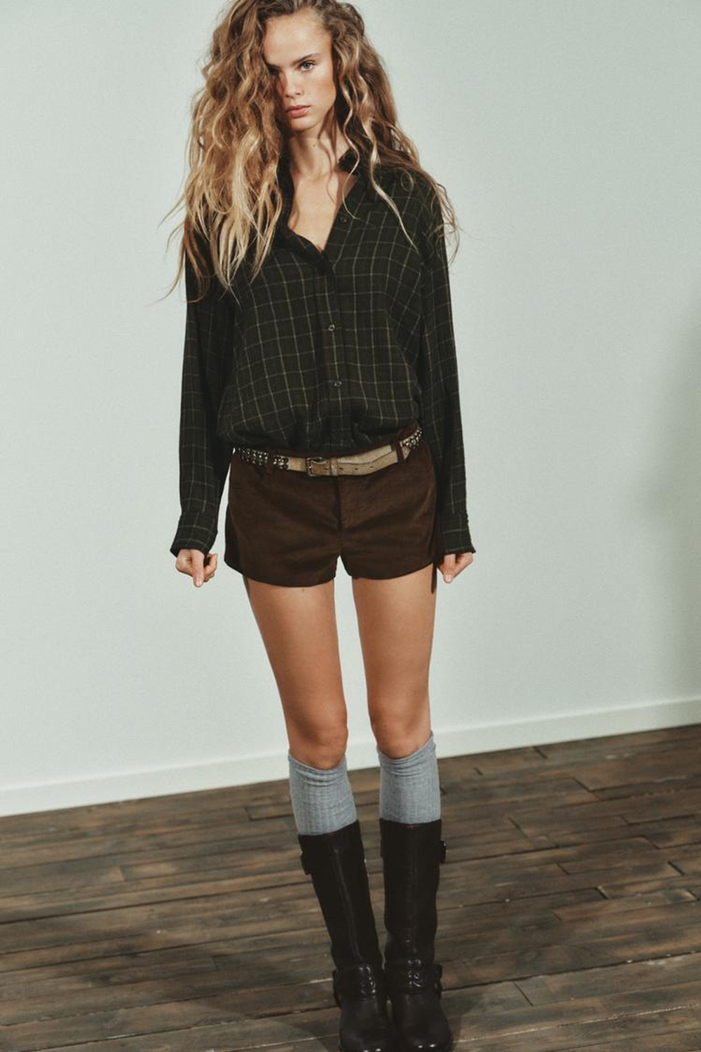 ZARA РУБАШКА ОВЕРСАЙЗ В КЛЕТКУ, ТЕМНО-ЗЕЛЕНЫЙ