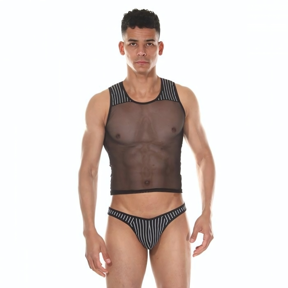 Мужской комплект: короткая майка и трусы-тонги в полоску (Размер: L-XL) (Цвет: черный)