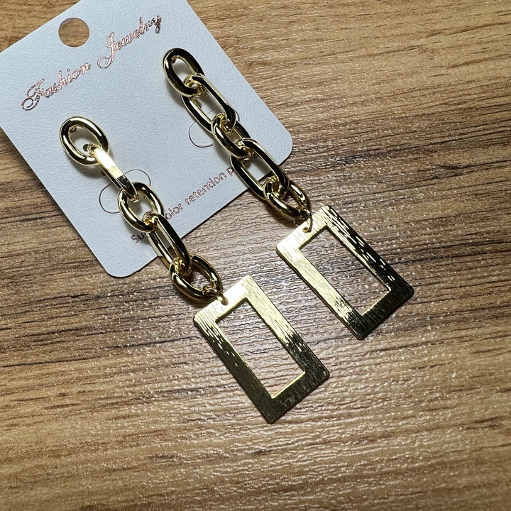 Серьги "Цепи" 5 звеньев подвеска прямоугольная рамка металл золотистый