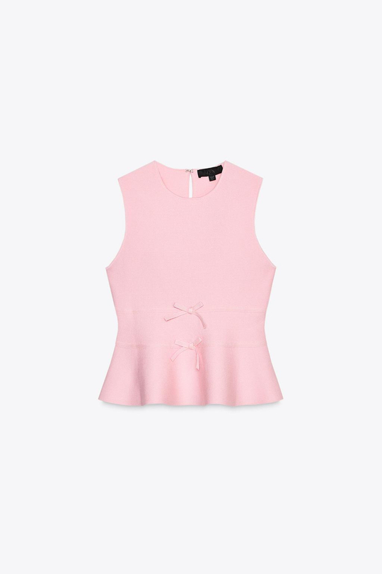 ZARA ТРИКОТАЖНЫЙ ТОП С БАСКОЙ И БАНТАМИ, РОЗОВЫЙ