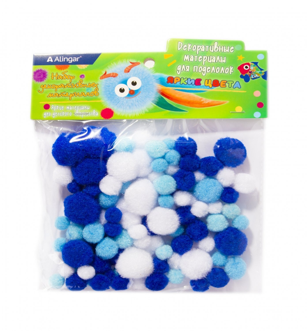 Декоративный материал Alingar, "Морские цвета" (син,голуб,бел), пушистые помпоны, 80 шт, микс, пакет с европодвесом
