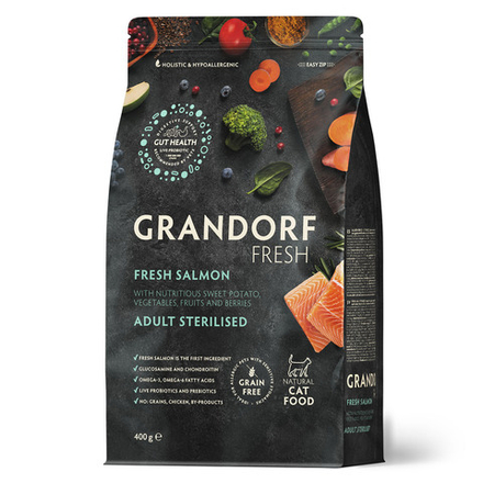 Беззерновой корм с живыми пробиотиками GRANDORF Fresh Cat STERILISED Salmon&Sweet Potato Свежее филе лосося с бататом для стерилизованных кошек 400 г