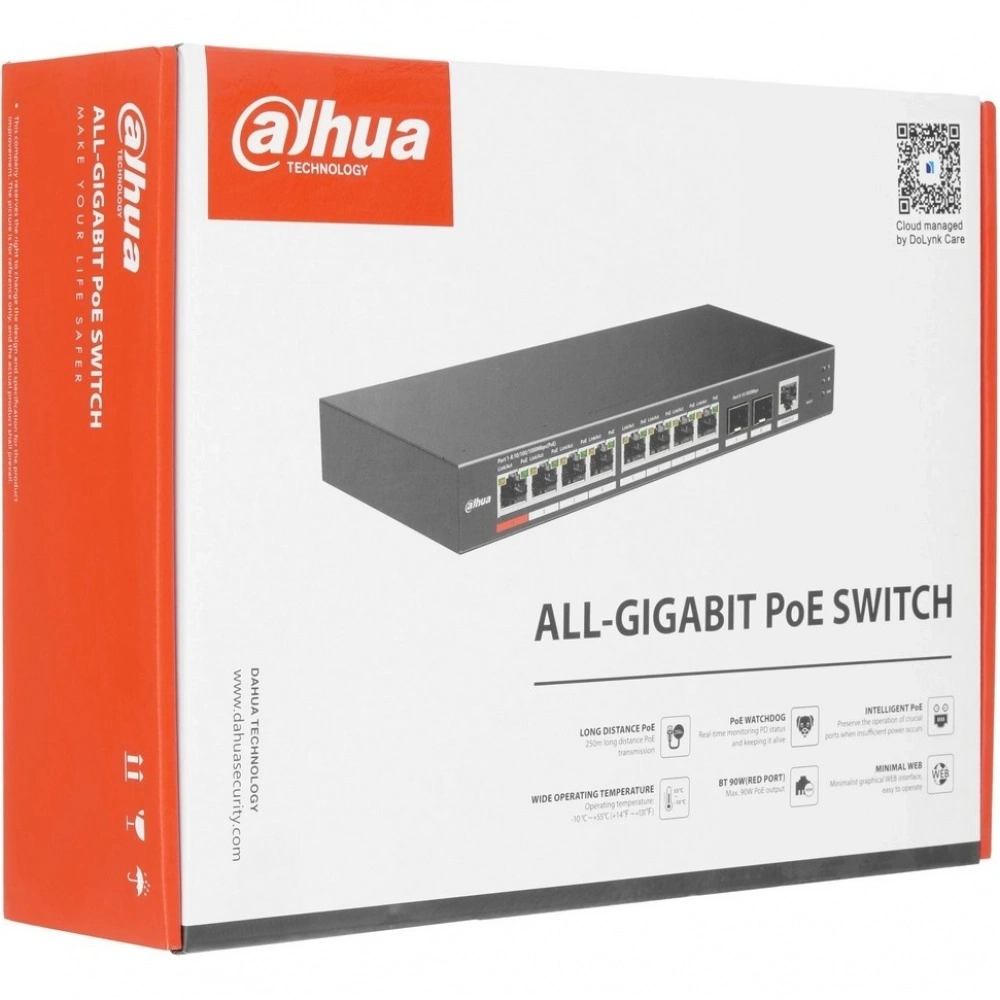 Коммутатор Dahua DH-S4210-8GT-110 (L2) 10x1Гбит/с 2SFP 8PoE 110W управляемый