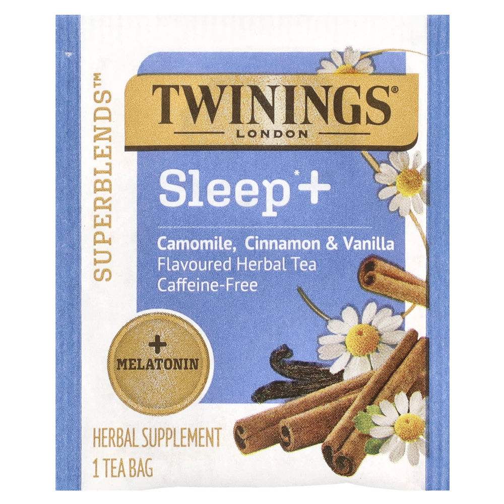 Twinings, Superblends, Melatonin, травяной чай с ромашкой, корицей и ванилью, без кофеина, 16 чайных пакетиков, 24 г (0,85 унции)