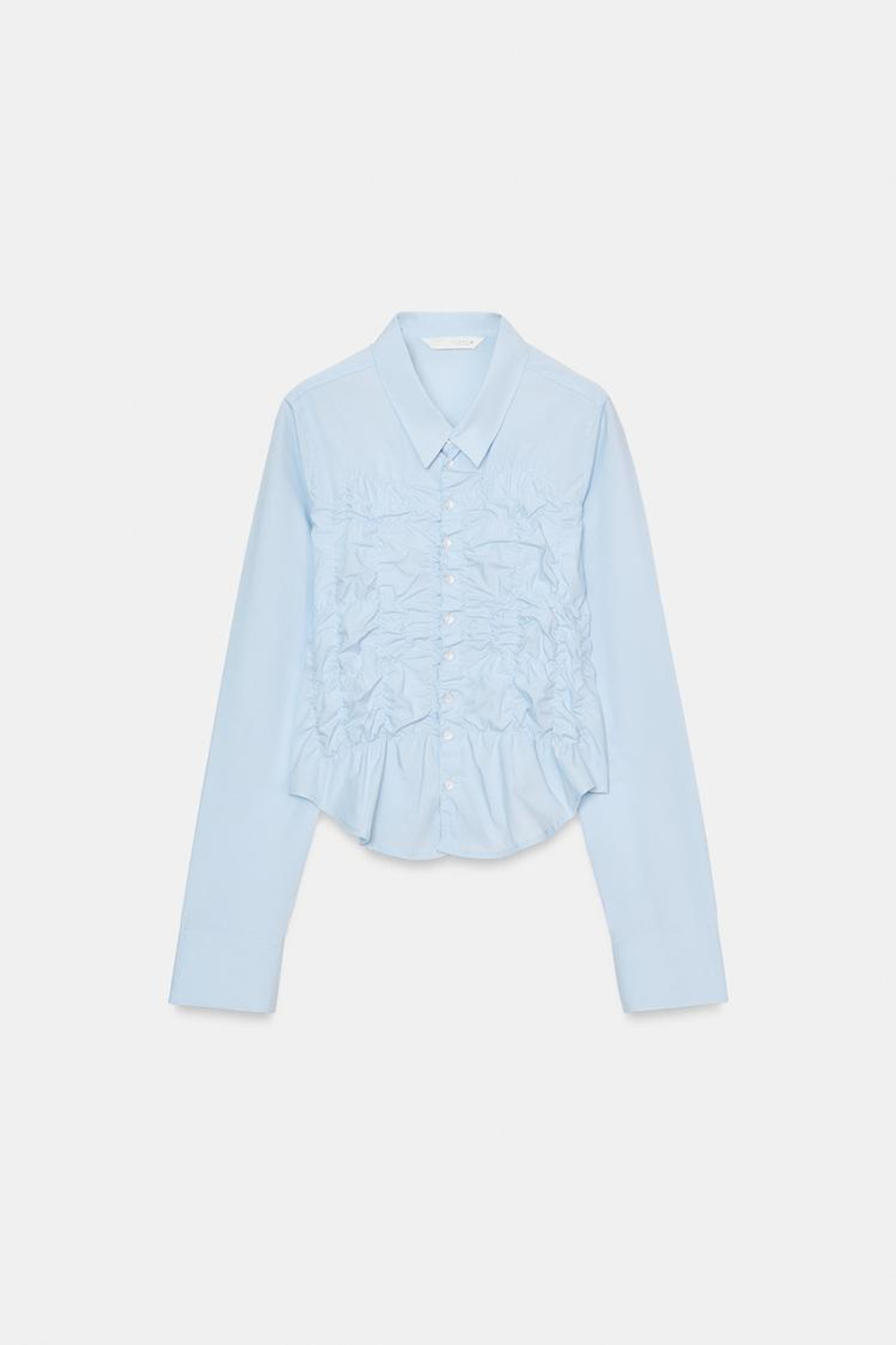 ZARA РУБАШКА ИЗ ПОПЛИНА С ЭЛАСТИЧНЫМИ СБОРКАМИ, НЕБЕСНО-ГОЛУБОЙ