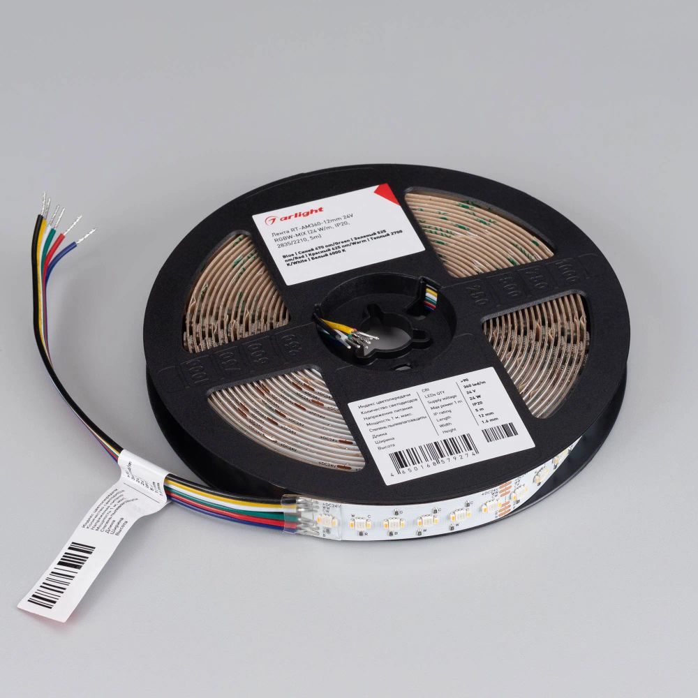 Светодиодная лента RT-AM360-12mm 24V RGBW-MIX (24 W/m, IP20, 2835/2210, 5m) (Arlight, -) 044036
