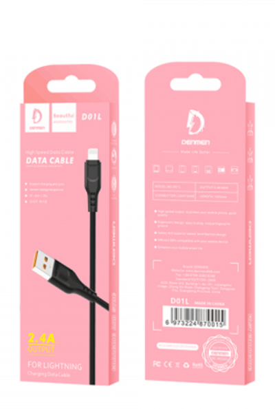 Кабель DENMEN D01L USB-Lightning 2.4A 1м PVC Black