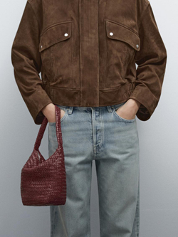 Massimo Dutti Сумка-мешок из кожи наппа с плетеным узором, бордо