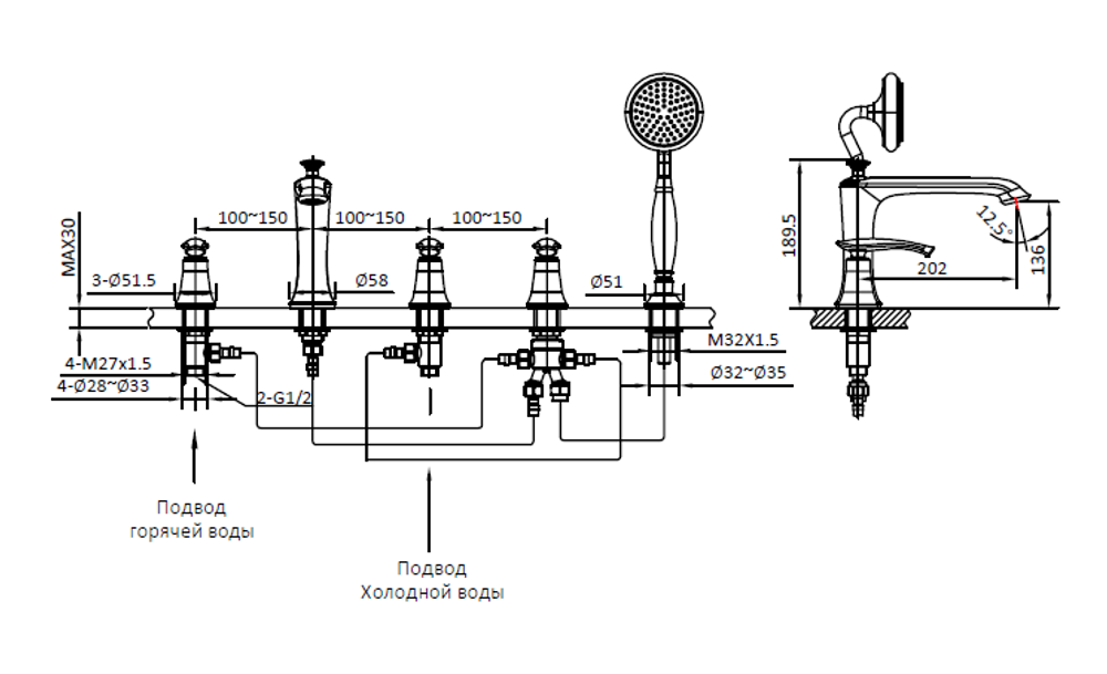 Смеситель на борт ванны с душем AltroBagno Beatrice 020103 Or