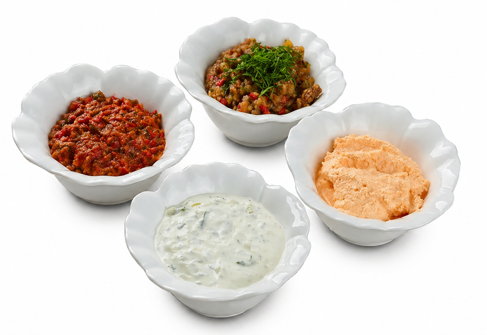 Соусы 4 вкуса с питой (дзадзики, сырный острый, баклажановый и аджика)