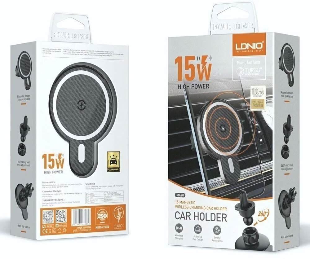 LDNIO MA20/ Беспроводное ЗУ стандарта Qi + Автодержатель MagSafe/ Вход: 18W/ Выход: 15W/ Black