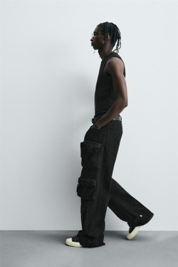 ZARA БРЮКИ КАРГО С КАРМАНАМИ, ЧЕРНЫЙ