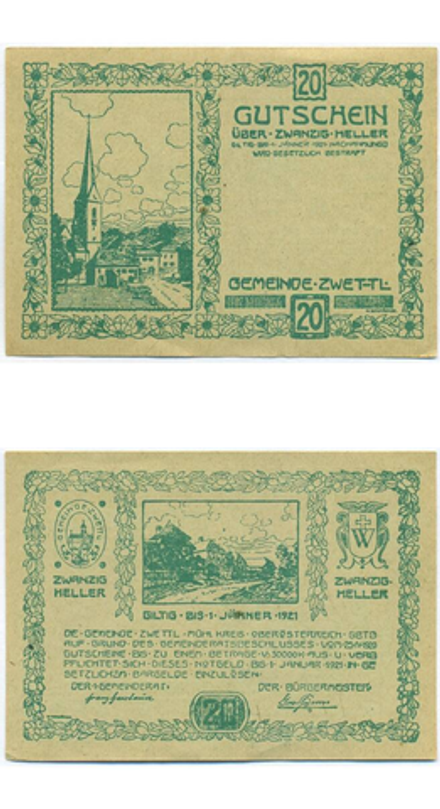 Австрия 20 геллеров 1920 Цветль aUNC