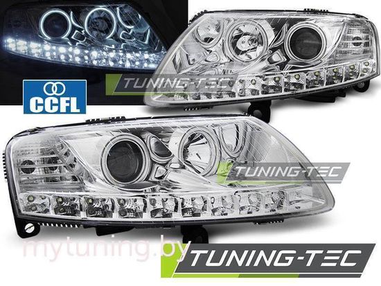 Передние фары Audi A6 C6 angel eyes led chrome