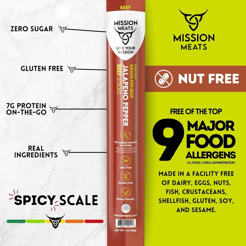 Mission Meats, говяжьи палочки, перец халапеньо, 28 г (1 унция)