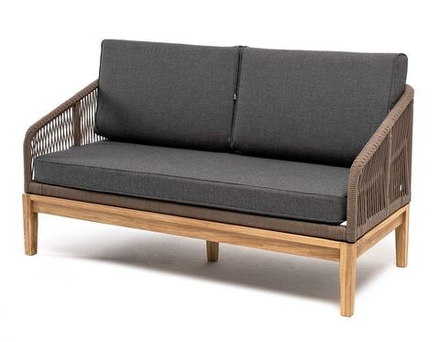 "Канны" диван 2-местный плетеный из роупа, основание дуб, роуп коричневый круглый, ткань темно-серая 019