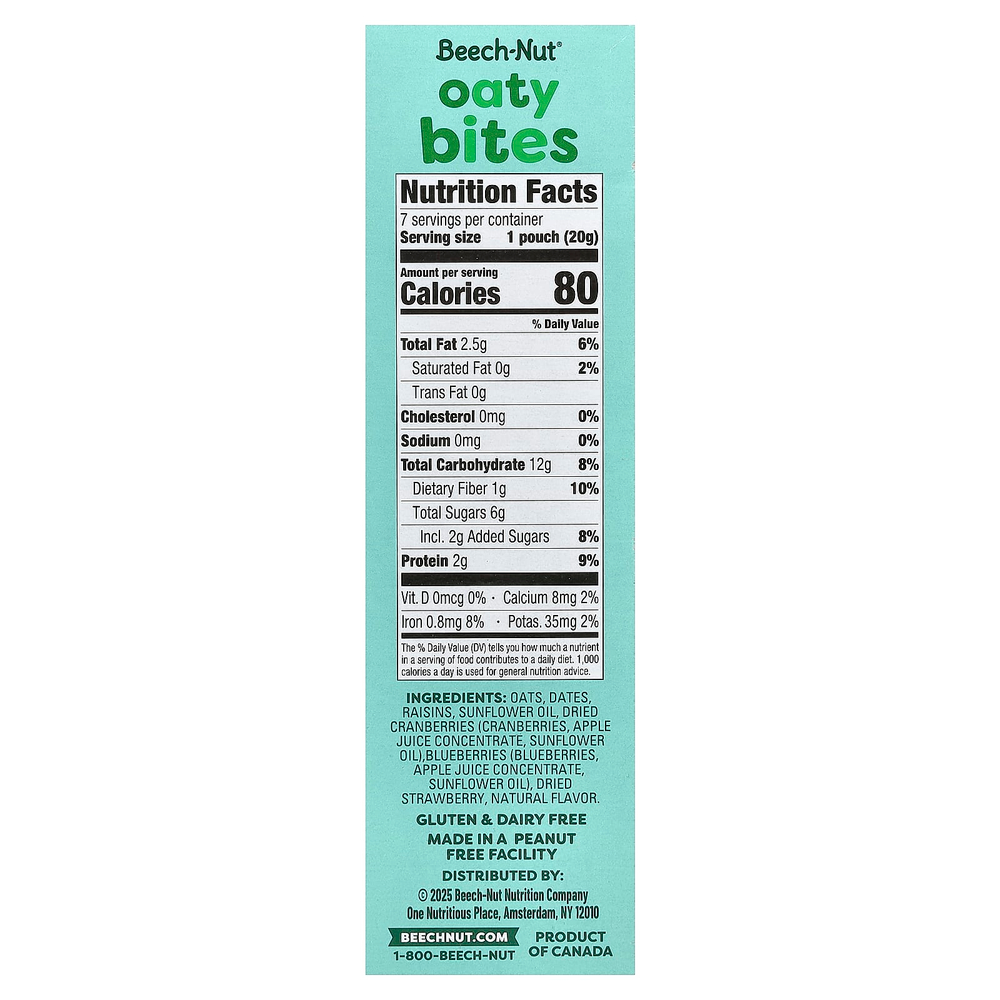 Beech-Nut, Oaty Bites, для малышей с первым прорезыванием зубов, ягодное ассорти, 7 пакетиков по 20 г (0,7 унции)