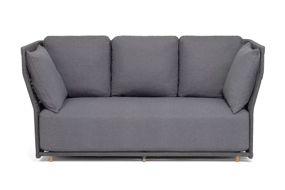 "Лугано" диван 3-местный плетеный из роупа, каркас алюминий темно-серый (RAL7024) муар, роуп темно-серый круглый, ткань темно-серая YB25-0027