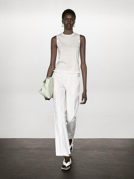 Massimo Dutti Футболка с круглым вырезом и люверсами, белый