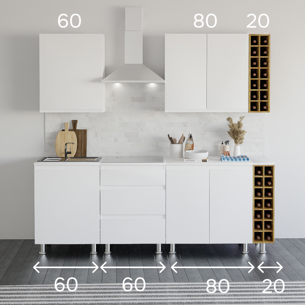 Кухонный гарнитур Севилья 220 см со столешницей (7 модулей) / белый ЛДСП, массив дуба