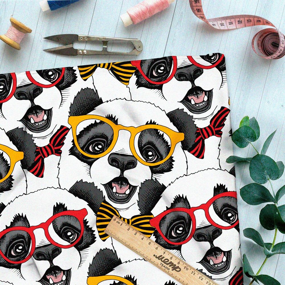 Ткань интерлок милые панды в разноцветных цветных очках