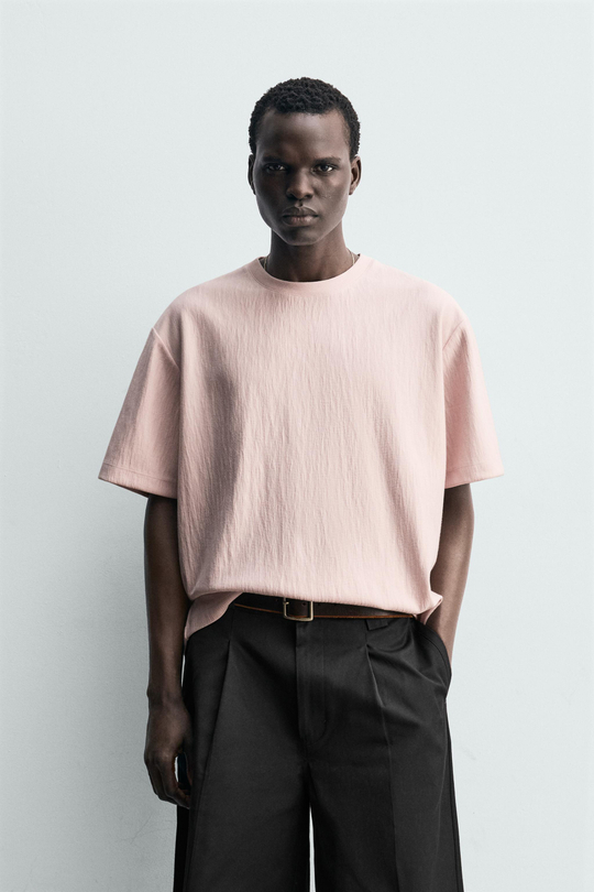 ZARA ФУТБОЛКА RELAXED FIT ИЗ РЕЛЬЕФНОЙ ТКАНИ, РОЗОВЫЙ