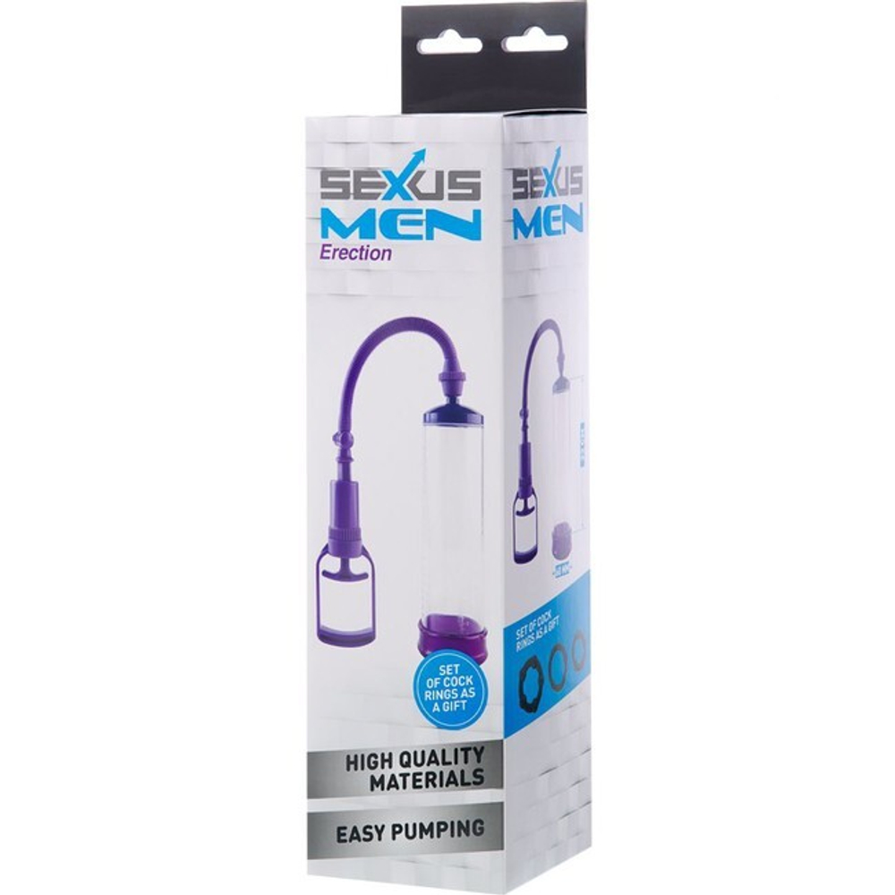 Поршневая вакуумная помпа Sexus Men Erection (22 см, прозрачный с фиолетовым) (Цвет: прозрачно с фиолетовым)