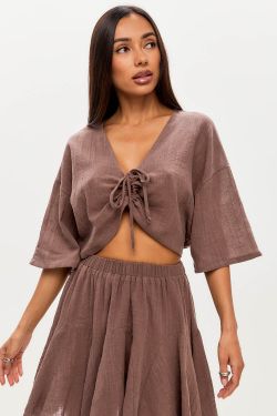 Блуза с завязками из хлопка stone wash шоколадного цвета