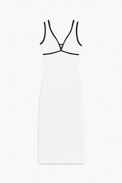 ZARA ДЛИННОЕ ПЛАТЬЕ С КОНТРАСТНОЙ ОТДЕЛКОЙ, БЕЛЫЙ